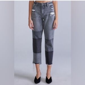 Ceros Women's High Rise Crop Straight Denim Patchwork Black Jeans 29 Cotton